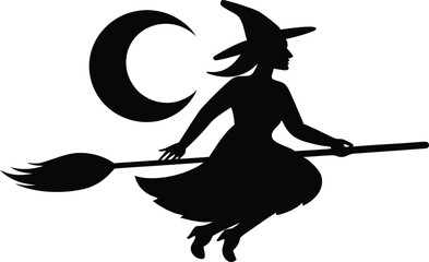 Hand-Drawn Witch Silhouette - Textured Broom Flight Vector