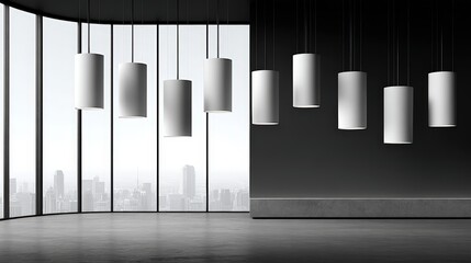 Modern minimalist interior with hanging cylindrical pendant lights in an empty room with large and city skyline view