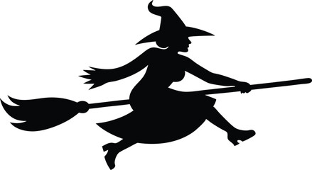 Vintage Witch on Broom - Retro Halloween Vector Art