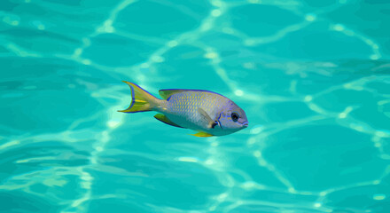 A vibrant damsel fish gracefully swims in the clear turquoise tropical ocean water