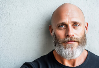 Bald man with well-groomed beard posing against textured wall, showing confident expression and modern style, ideal for lifestyle, fashion, portrait, and masculinity themed projects