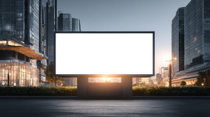 Obraz premium Modern outdoor digital billboard screen in a cityscape with skyscrapers and sunset lighting for advertising and