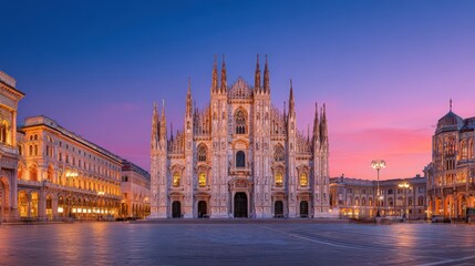 Fototapeta premium Beautiful panoramic view of Milan Cathedral du sunset with vibrant sky and historic architecture in Italy