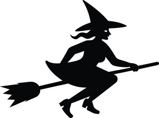 Witch Riding Broom Silhouette Vector - Halloween Night Flight Illustration