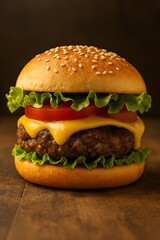 Realistic Gourmet Cheeseburger with Melted Cheese and Fresh Ingredients on Rustic Wooden Table &ndash; Stock Photo