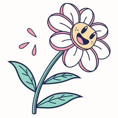 A cheerful cartoon daisy with a happy face and pink petals on a white background