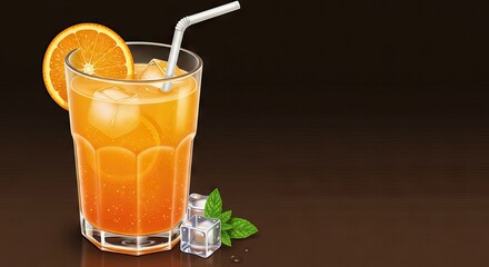 Glass of orange juice with ice slice and straw set on a brown surface with ice cubes and mint leaves