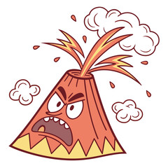 Angry cartoon volcano erupting with lava and smoke clouds on white background