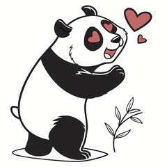 Adorable cartoon panda bear with hearts in its eyes and floating hearts expressing love and affection