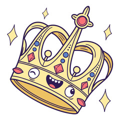 Cute cartoon gold crown with a happy face and sparkling stars on a white background