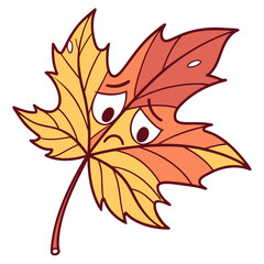 Cute cartoon maple leaf with a sad expression and droopy eyes in autumn colors