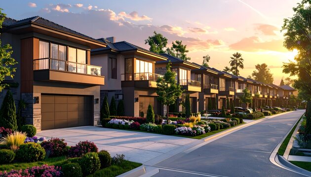 Calle residencial con casas modernas alineadas y jardines al atardecer