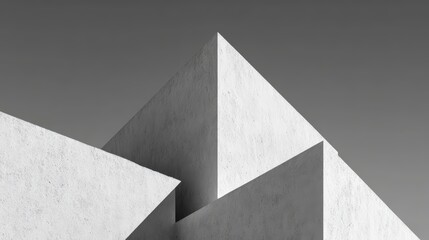 Abstract minimalist geometric architecture with white concrete structures and a contrasting gray sky background