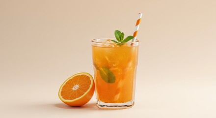 Fototapeta premium Refreshing orange drink glass of vibrant orange liquid ice mint a striped straw half an orange against a soft peach background