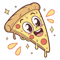 Cute happy slice of pepperoni pizza with melting cheese and sparkling stars