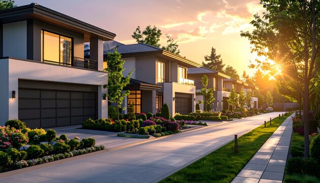 Vecindario moderno con casas de lujo y jardines cuidados al atardecer