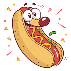 Excited cartoon hot dog character with big eyes and mustard and relish