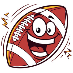 Excited cartoon american football character with big smile and energetic motion lines