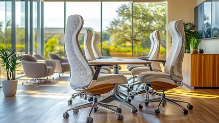 Modern Boardroom with Stylish Chairs with Table, and Scenic Outdoor View.