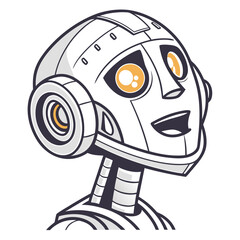 Friendly cartoon robot head with large expressive orange eyes and a wide smile