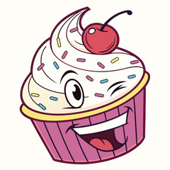Happy cartoon cupcake with cherry and sprinkles winking and smiling joyfully