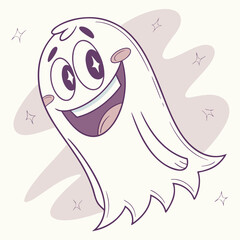 Happy cartoon ghost character with big eyes and a wide smile floating on a pale background