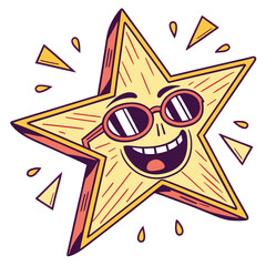 Happy cartoon star wearing sunglasses and smiling with joy and excitement