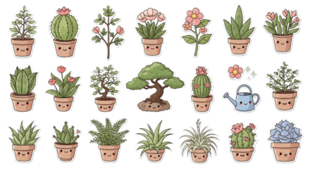 Cute Cartoon Plant and Succulent Stickers Set on Transparent Background with Cacti and Greenery for Mockups