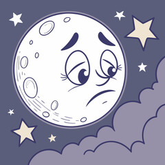 Sad cartoon moon with a worried expression in the night sky with stars and clouds