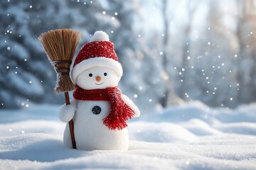Adorable snowman wearing red hat and scarf holding broom stands in snowy winter landscape, cheerful and festive atmosphere with falling snowflakes and blurred trees in background