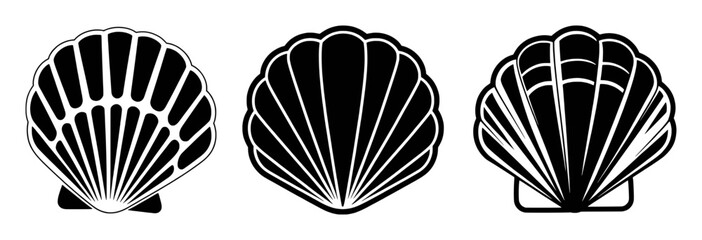 Three Black and White Scallop Shell Icons on a White Background