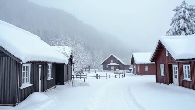 traditional Norwegian wooden houses under the fresh snow