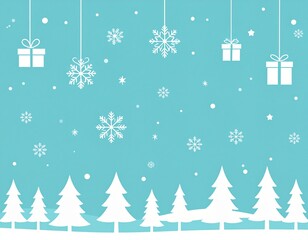 Naklejka premium Flat design Christmas background template with snowflakes, gift boxes, Christmas trees, reindeer, stars, and festive decorations. Minimalist winter holiday illustration for greeting cards or posters