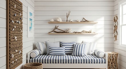 Bright coastal living room featuring a striped daybed, white shiplap walls, and nautical decor. Natural light enhances the relaxing beach house ambiance.