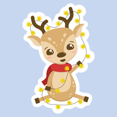 Cute cartoon reindeer tangled in Christmas lights. Lovely, funny winter deer sticker flat vector illustration of confused animal in red scarf, sitting.