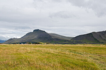 Scenic Icelandic field with mountains under a cloudy sky