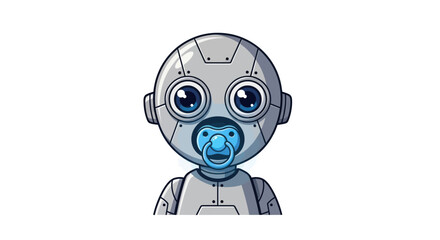 Cute cartoon baby robot with big blue eyes and a glowing pacifier.