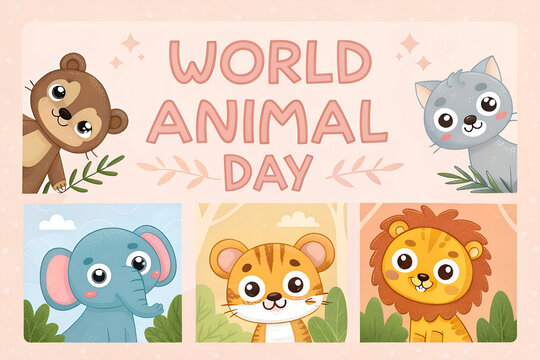 Celebrate World Animal Day with this cheerful cartoon illustration featuring expressive wildlife characters—raising awareness for animal care and global conservation. generative ai