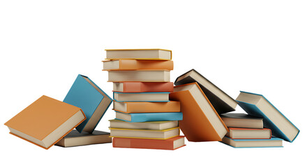 Stack of Books with Varied Cover Colors Against Transparent Background
