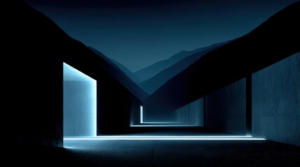 Modern futuristic tunnel with illuminated edges and minimalist design in dark blue and black tones showcasing sleek architecture and ambient lighting