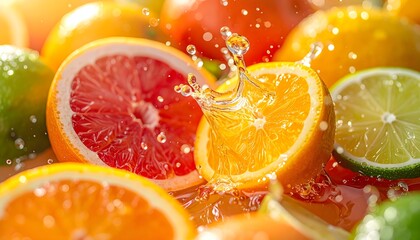 Rodajas de naranja, lima y pomelo con gotas de agua en macro vibrante