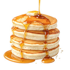 Golden pancakes stacked high with dripping amber syrup and butter isolated on a transparent background