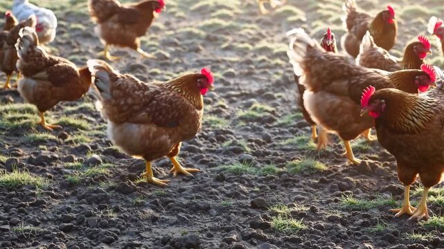 Free range brown chickens walking on farm field with natural sunlight, organic poultry farming video for agriculture, food production, and rural lifestyle concepts