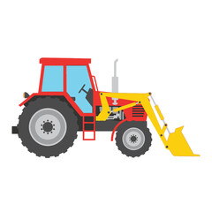 Red and Yellow Tractor with Front Loader Illustration