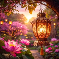 Golden lantern in a spring garden