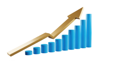 Golden arrow rising on blue bar chart isolated on transparent background