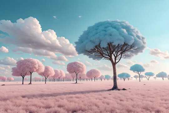 Immerse in a surreal cotton candy forest with pink grass and pastel trees under a bright blue sky—an imaginative escape into a whimsical dreamscape of color. generative ai - Powered by Adobe