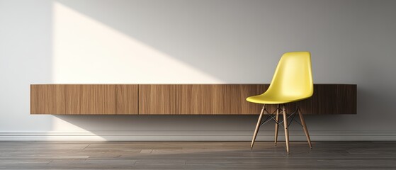 Minimalist modern interior with wooden shelf and yellow chair against a neutral wall with natural light