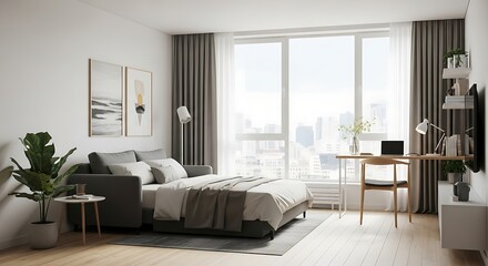 Contemporary studio apartment featuring a comfortable sofa bed, stylish desk area, and panoramic city views. Perfect for a chic and functional urban lifestyle.