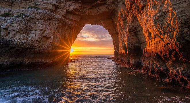 Sunrise bursts through a natural rock archway over calm ocean waters.